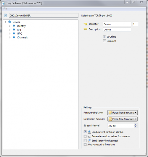 TinyEmberPlus.exe after startup with DHD Device Ember+ tree loaded